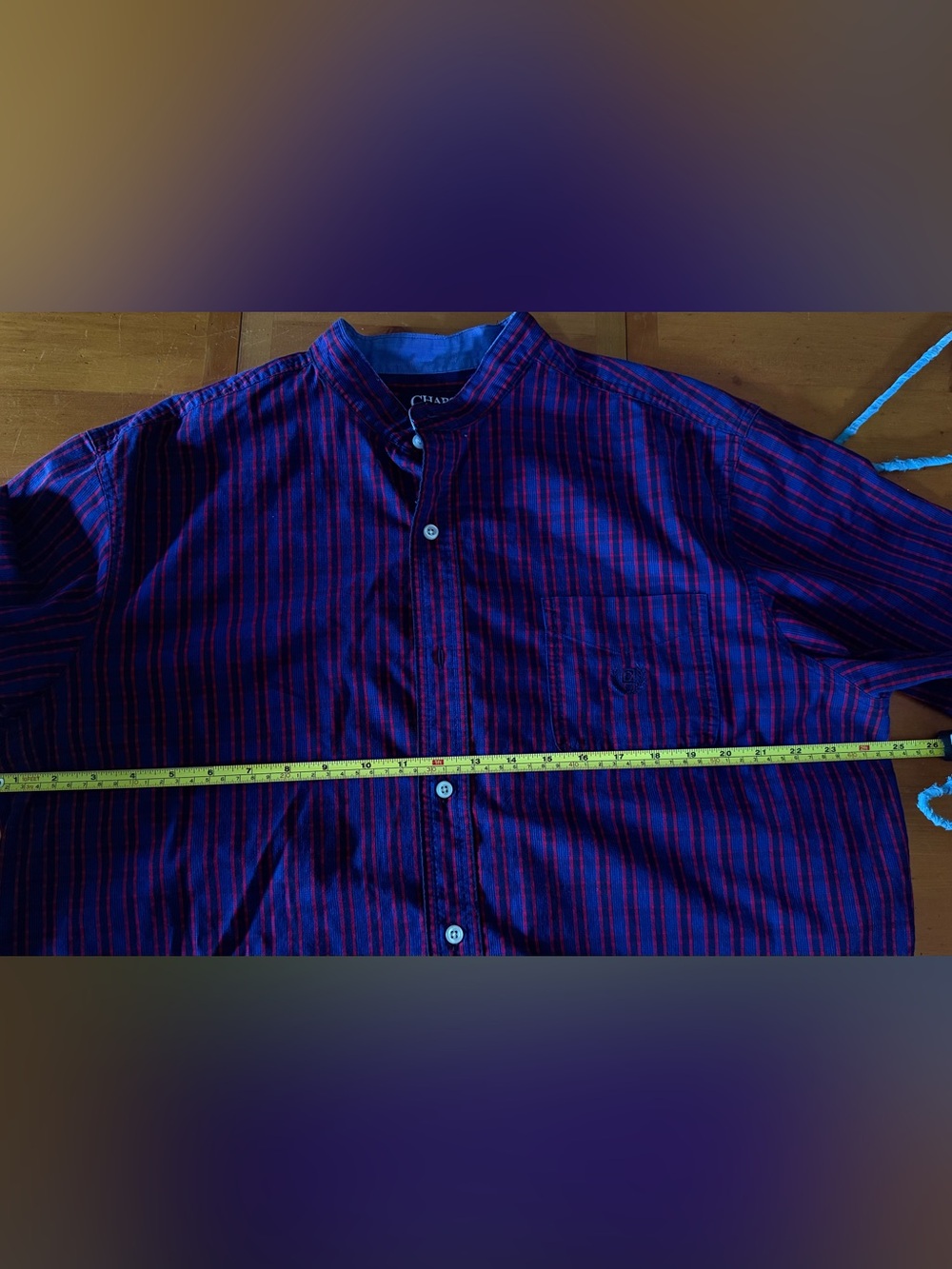 Cropped Chaps Men's Red and Blue Striped Button-Up Shirt